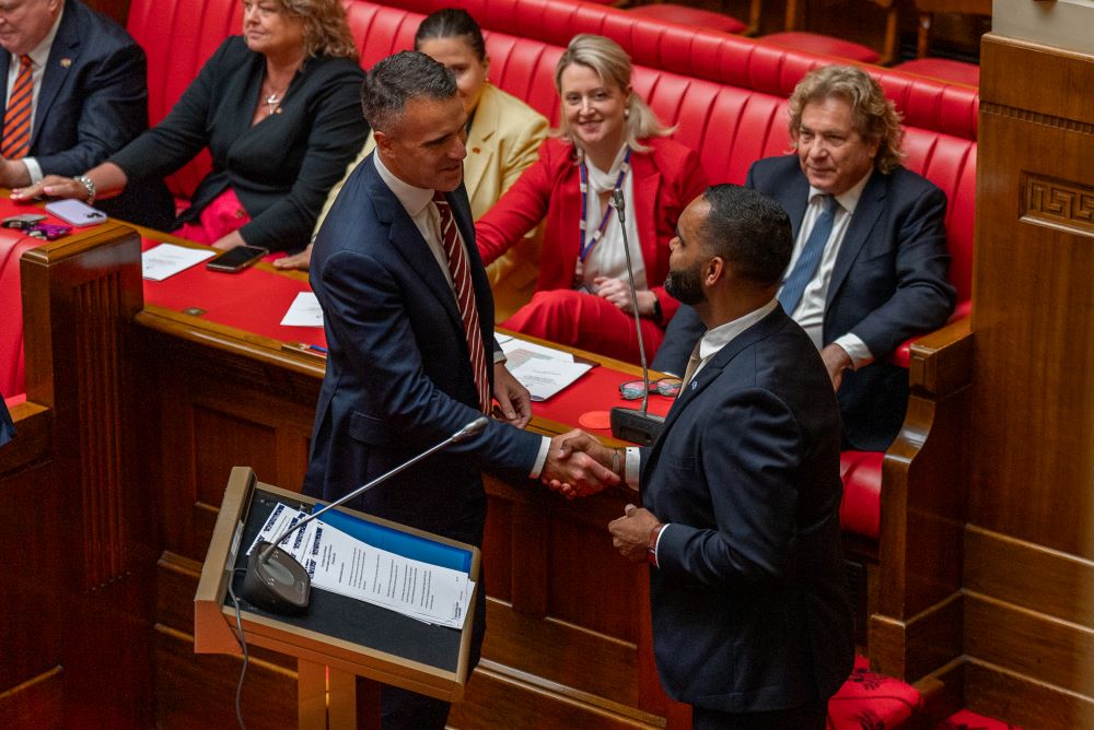 Premier Peter Malinauskas and Leeroy Bilney following the address.